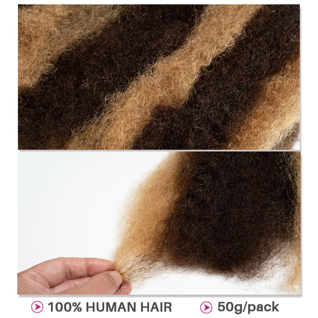 QVR Afro Kinkys Bulk Human Hair for Dreadlock Extensions Repair Locs 50 Gram/Pack,Auburn Brown Color 18 inches Mini Twist Braiding Afro Kinky Human Hair for Locs