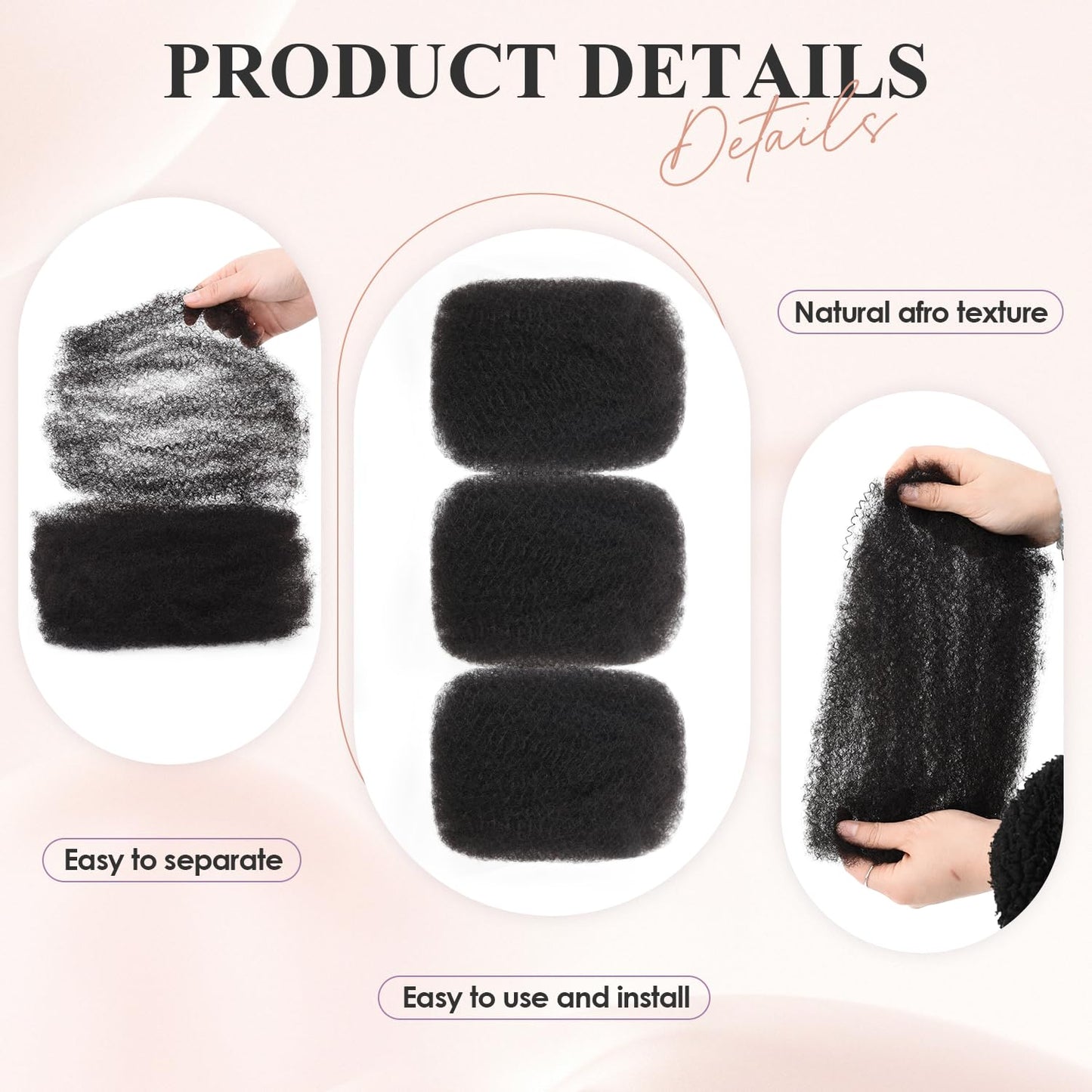 Afro Kinkys Bulk Human Hair 3 Pack 150g,Afro Kinky-Curly Human Hair Bulk Hair Bulk Human Braiding Hair for Dreadlock Extensions Repair Locs,Twist Afro Kinky Twist Extensions (14 Inch,50g/Pack)