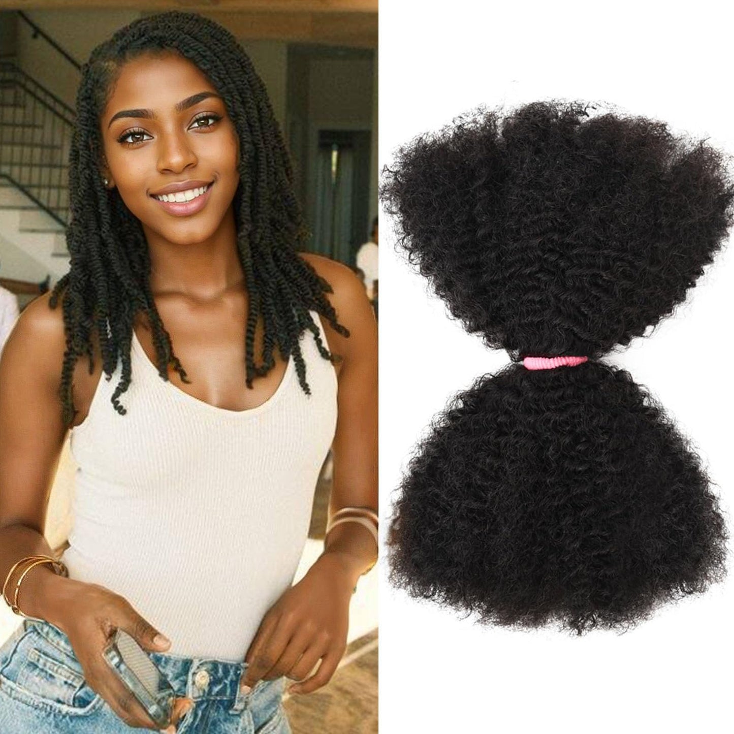 Afro Kinkys Bulk Human Hair 3 Pack 150g,Afro Kinky-Curly Human Hair Bulk Hair Bulk Human Braiding Hair for Dreadlock Extensions Repair Locs,Twist Afro Kinky Twist Extensions (14 Inch,50g/Pack)