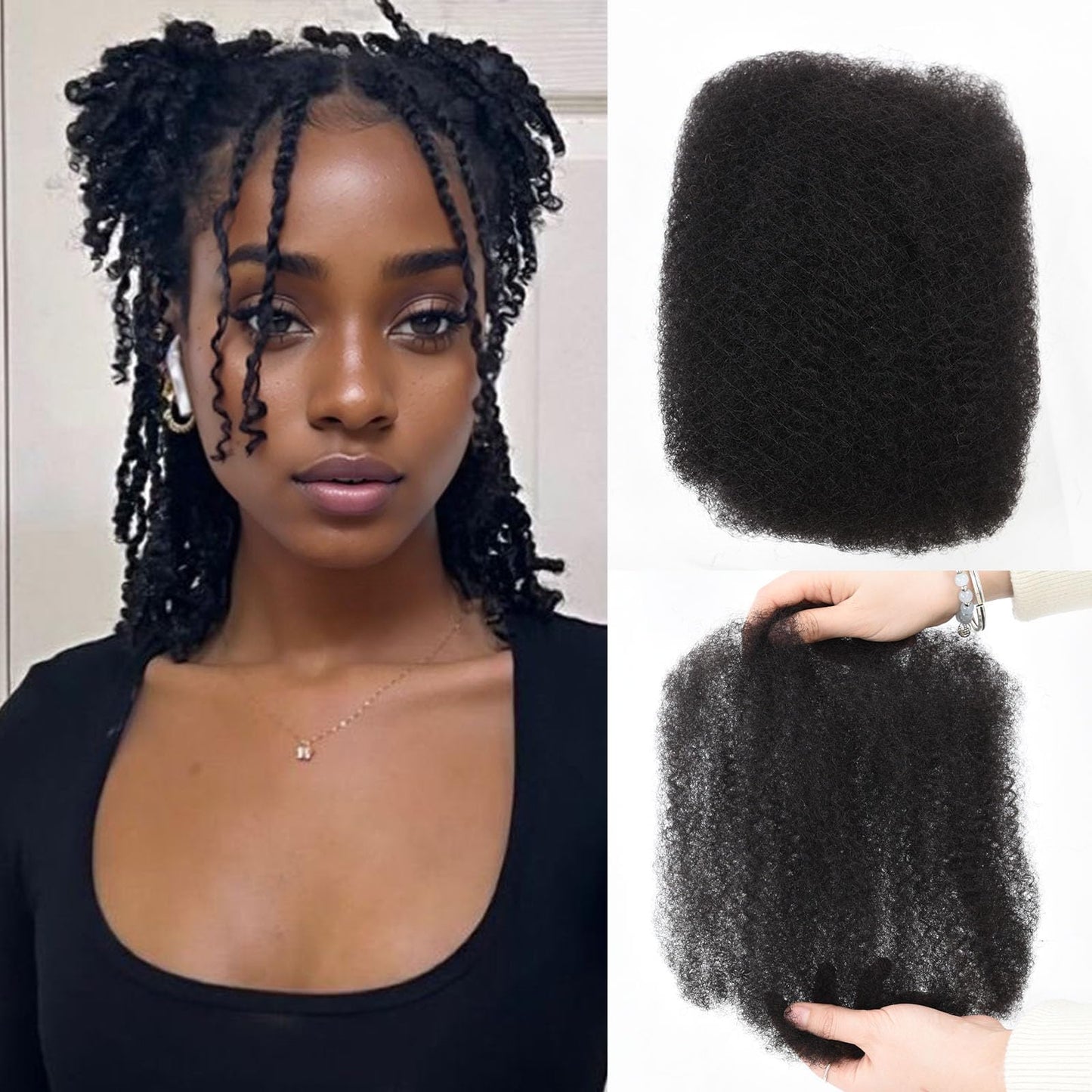 Afro Kinkys Bulk Human Hair 3 Pack 150g,Afro Kinky-Curly Human Hair Bulk Hair Bulk Human Braiding Hair for Dreadlock Extensions Repair Locs,Twist Afro Kinky Twist Extensions (14 Inch,50g/Pack)