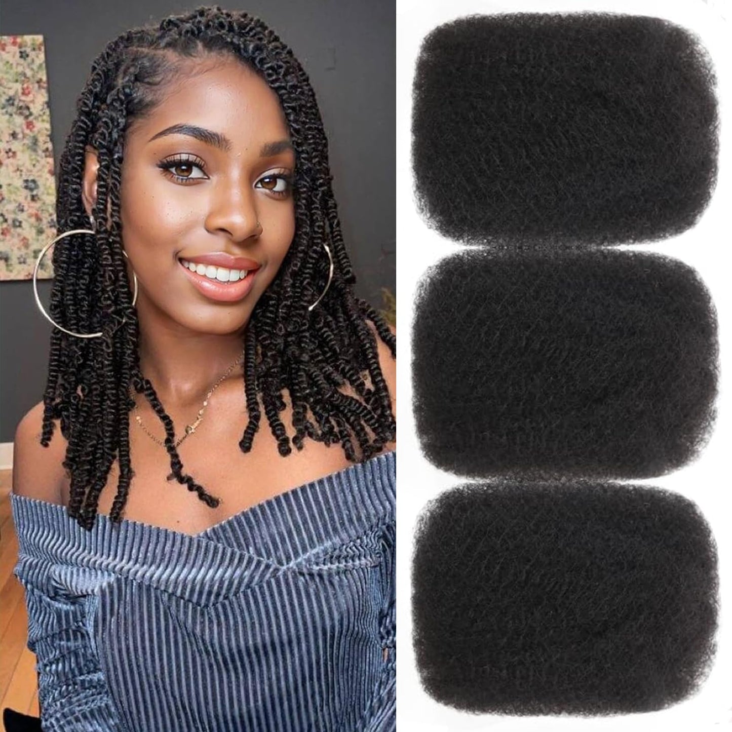 Afro Kinkys Bulk Human Hair 3 Pack 150g,Afro Kinky-Curly Human Hair Bulk Hair Bulk Human Braiding Hair for Dreadlock Extensions Repair Locs,Twist Afro Kinky Twist Extensions (14 Inch,50g/Pack)