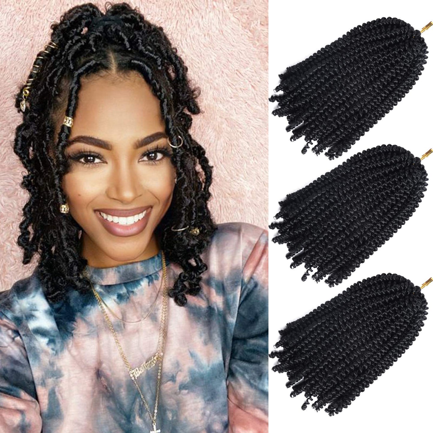 Beyond Beauty Spring Twist Crochet Hair 90strands 8 Inch Fluffy Spring Twists Braiding,Spring Twist Crochet Braids Bomb for Black Women (1B)