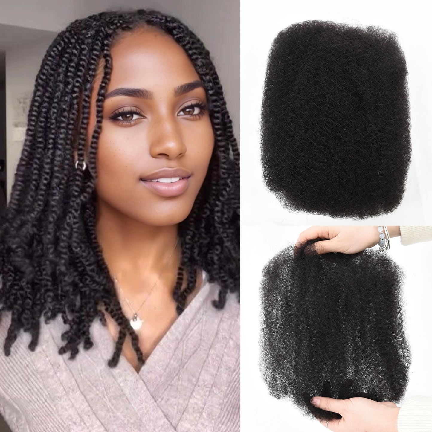 Afro Kinkys Bulk Human Hair 3 Pack 150g,Afro Kinky-Curly Human Hair Bulk Hair Bulk Human Braiding Hair for Dreadlock Extensions Repair Locs,Twist Afro Kinky Twist Extensions (14 Inch,50g/Pack)
